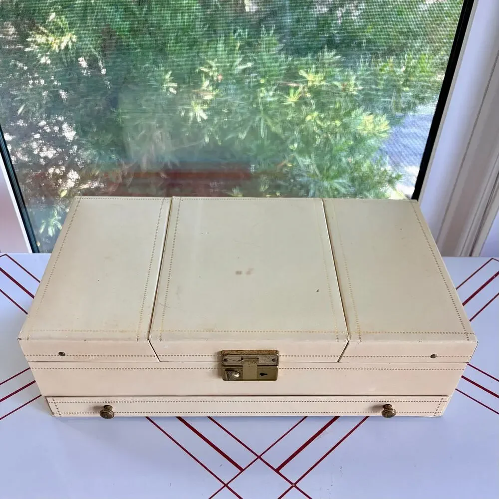 Large Vintage 1960s Cantilever Jewelry Box Red Velvet Mirror Ivory Vanity